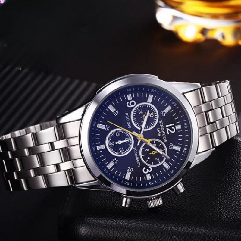 KINGNUOS Ultra Slim 3-Augen-6-Zeiger-Stahlarmband, wasserdichte Stahlarmbanduhr, blaue Glasuhr