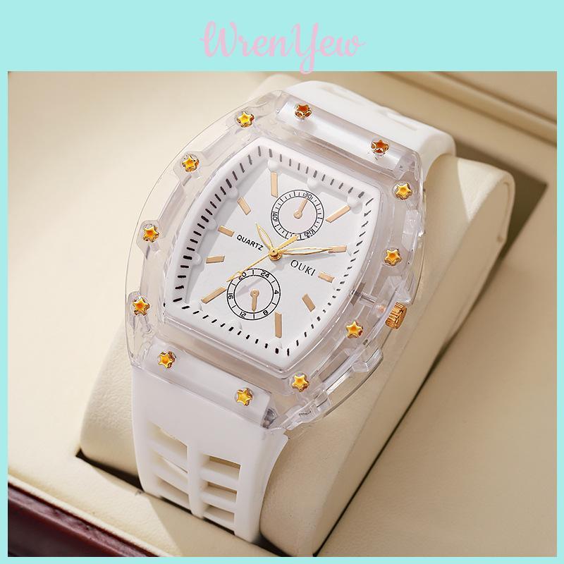 Transparent Barrel Shape Watch With Quartz Movement Casual Mens Silicone Strap For Daily Wear