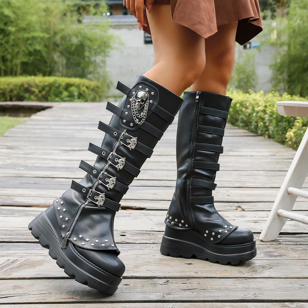 Damen Flache Plateau Reißverschluss Schuhe Runde Zehen Kniehoch Stiefeletten Bequem Rutschfest Outdoor Stiefel Outdoor Zapatos De Mujer