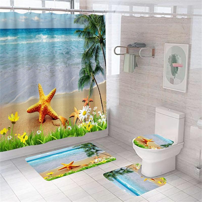 4Pcs/Set Print Shell Starfish Shower Curtains Ocean Beach New Bath Mat Set Waterproof Bath Curtain Polyester Anti-slip Carpet Toilet Rugs