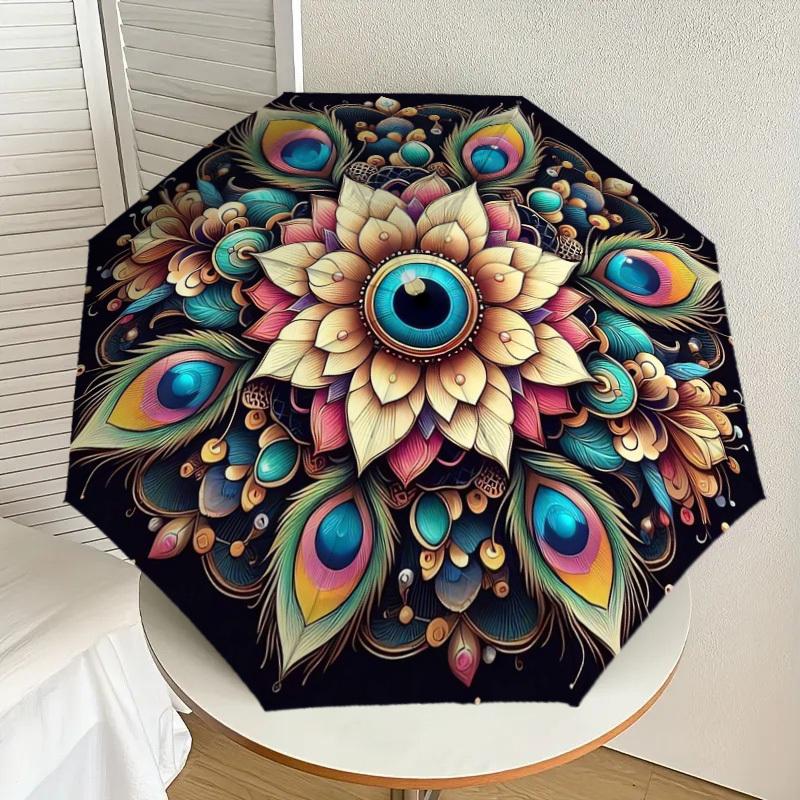 

1pc Peacock Feather Mandala Artwork Umbrella with Plastic Handle,Suitable for All Seasons Home Travel Outdoor UmbrellaDD1487