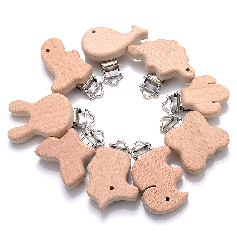 5Pcs/Lot 9 Style Fish Rabbit Butterfly Shape Beech Wooden Clips Metal Bracket for Baby Pacifier Clips Chain Holder Accessories
