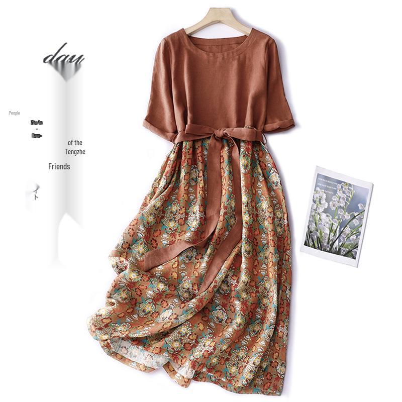 2023 Plus Size Retro Floral Cotton-Linen Dress: Women s Summer Long Skirt XL