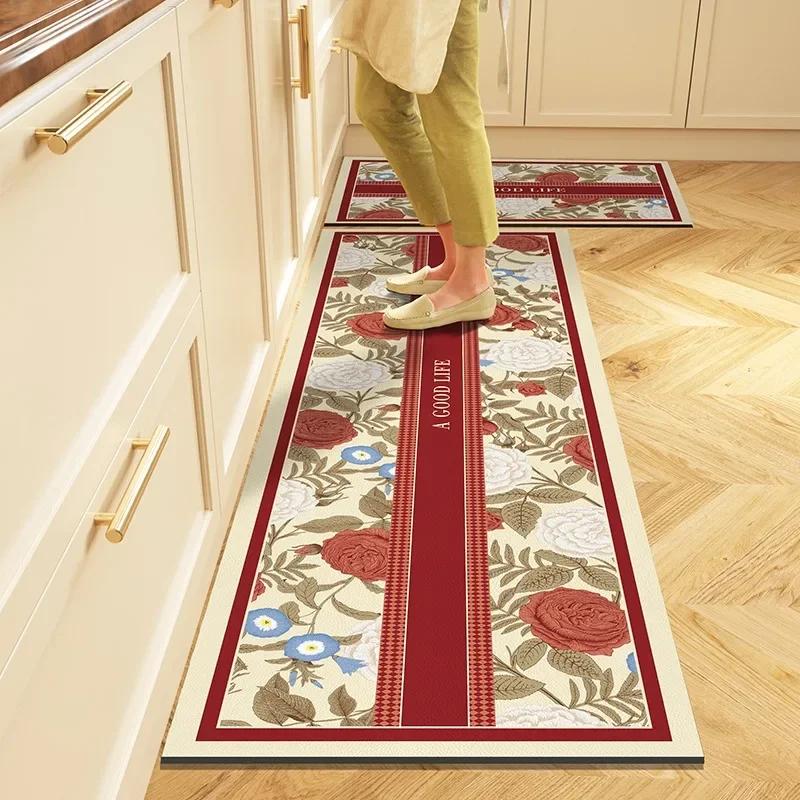 Kitchen Floor Mat PVC Leather Waterproof Carpet Non-slip Long Foot Mats Flower Pastoral Style Home Decoration Rug Vinyl Carpets