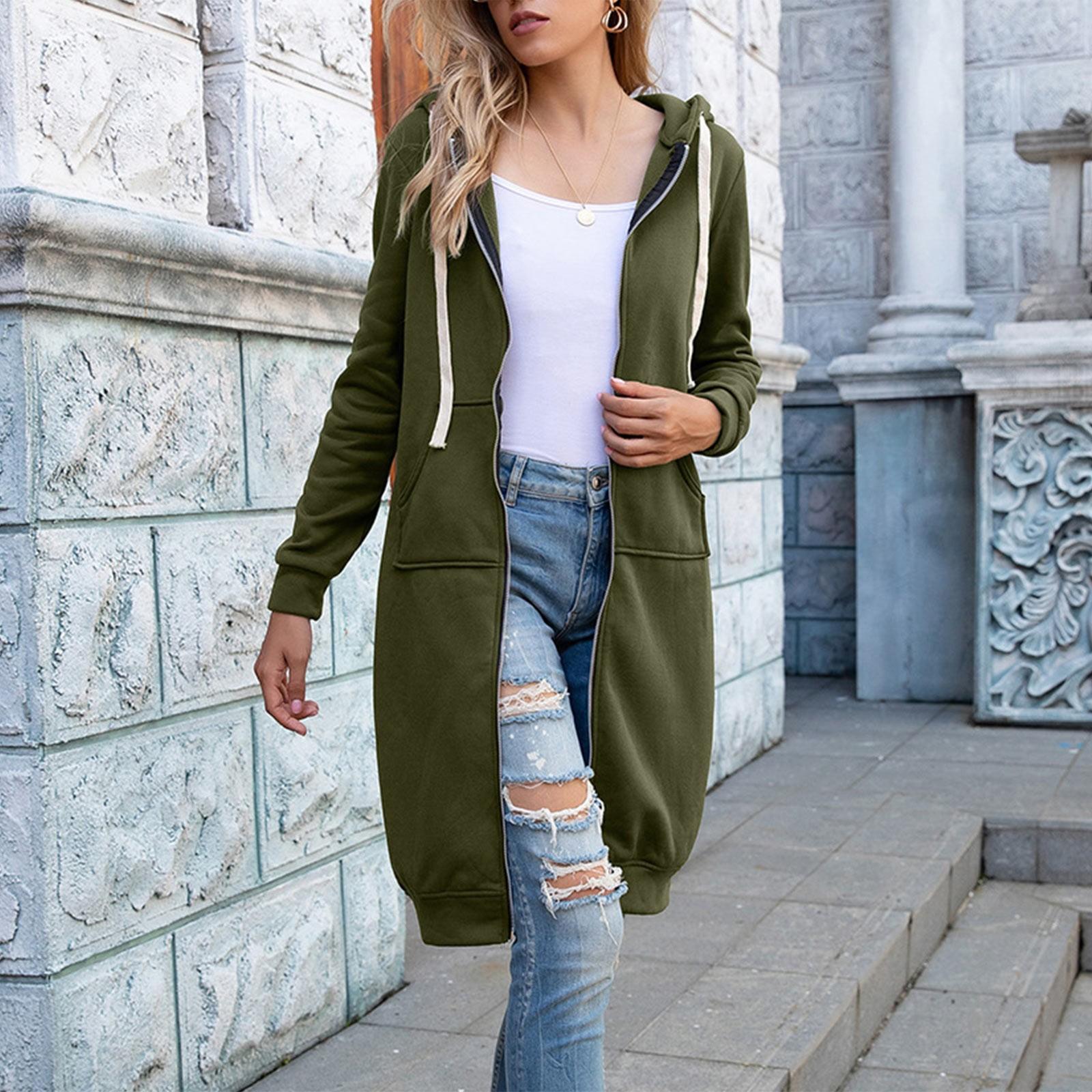 

Новое модное женское однотонное облегающее пальто средней длины с застежкой-молнией и круглым вырезом, с длинным рукавом и капюшоном L армия зеленый