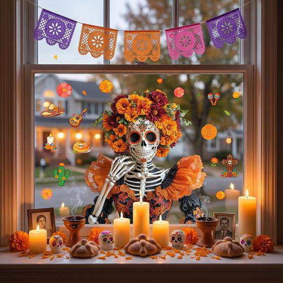 Durable Sunproof Glass Stickers Day of The Dead Window Clings, Halloween Double-Sided Skull Sticker, Ethnic Pattern Wall Art Colorful Flower Skeleton