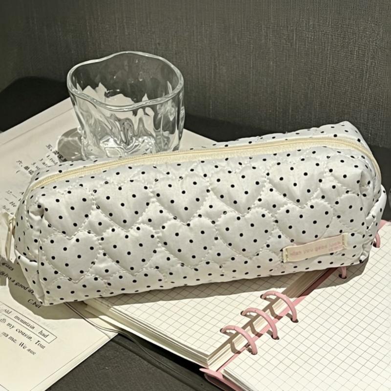 Pencil Case Soft Quilted Polka Dot White Large Capacity Stationery Storage Bag Ideal Gift for Teenage Students