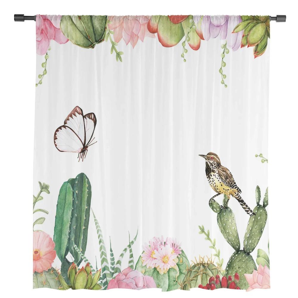 Fågel Blomma Suckulent Fjäril Vita Skira Gardiner för Vardagsrumsdekoration Fönstergardin Kök Tyll Voile Draperier