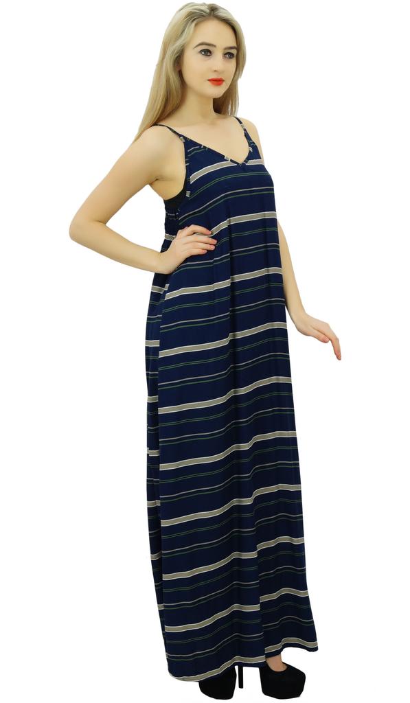 Bimba Women's Navy Blue V Neck Spaghetti Straps Maxi Dress Beach Wear