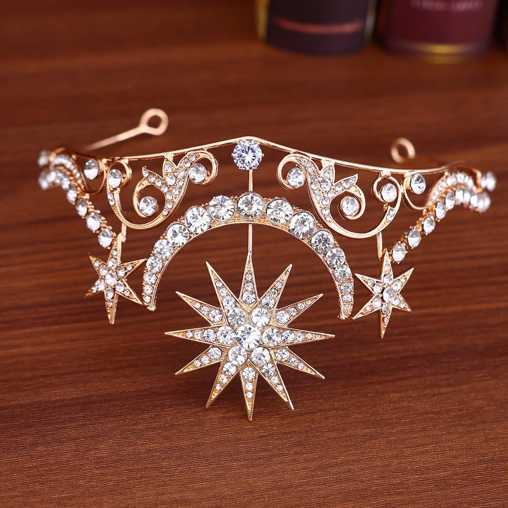 European and American Light Luxury Rhinestone Bridal Crown Headdress Alloy Diamond Sun Crown Hair Accessories Wedding Hair Crown Accessories