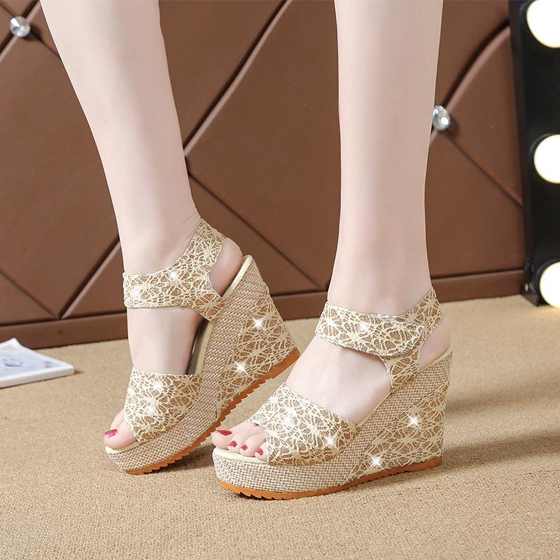 Summer European and American Slope Heel Fish Mouth Thick Bottom High Heel Velcro Women's Shoes