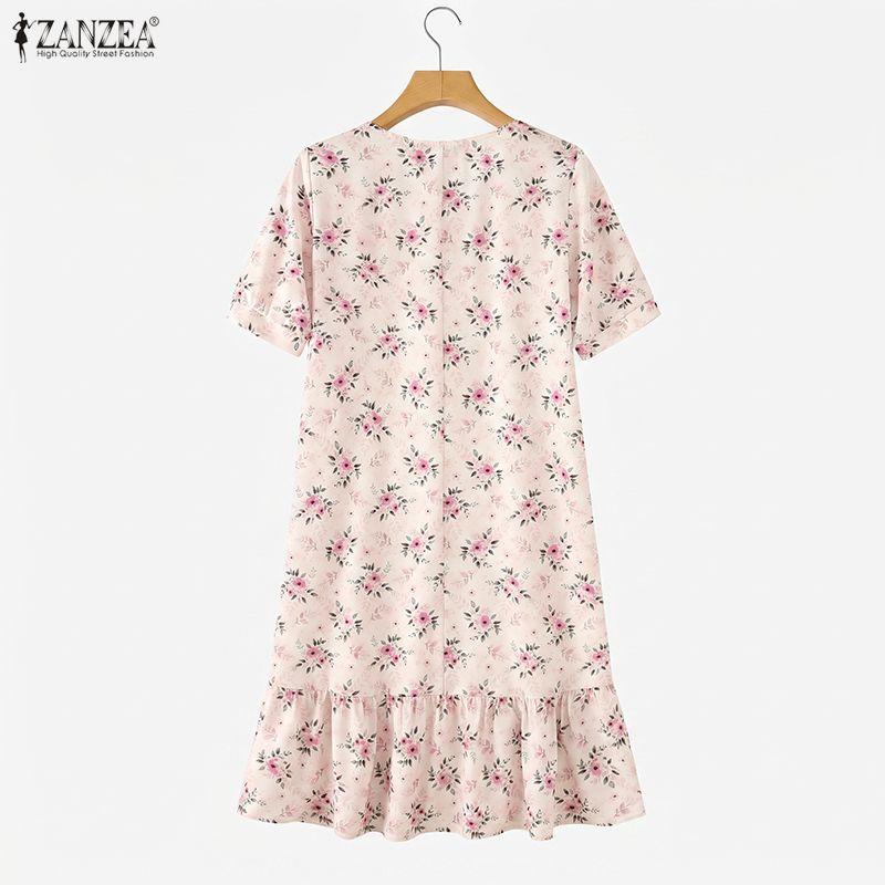 ZANZEA Women Elegant Floral Print Casual Square Collar Summer Short Sleeve Dress