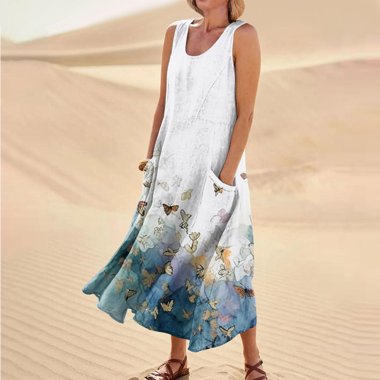 

Летнее платье женское летнее с круглым вырезом без рукавов уличное повседневное плиссированное платье в стиле бохо с рюшами желтое платье нарядное платье 80-х годов XL белый