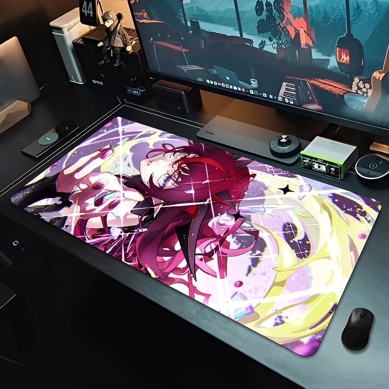Large Gaming Mouse PadAntislip Rubber Base Stitched Edges Purple Hair Demon Anime Girl Art Print Extended Office Gamer Mat