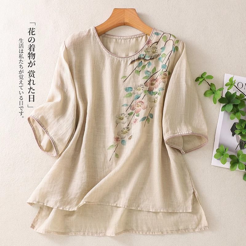 New retro cotton and linen T-shirt top women's summer thin loose cotton and linen short-sleeved cotton and linen shirt