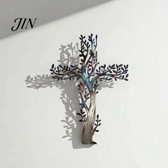 Layered Tree Wall Sculpture Metal Cross Art, of Life Hanging Crosses Decor, Art for Garden Living Room Bedroom Retro Style