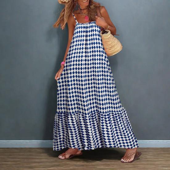 Boho Maxi šaty bez rukávů pro ženy Letní splývavé dlouhé šaty bez zad Ležérní plážové volánové swingové letní šaty