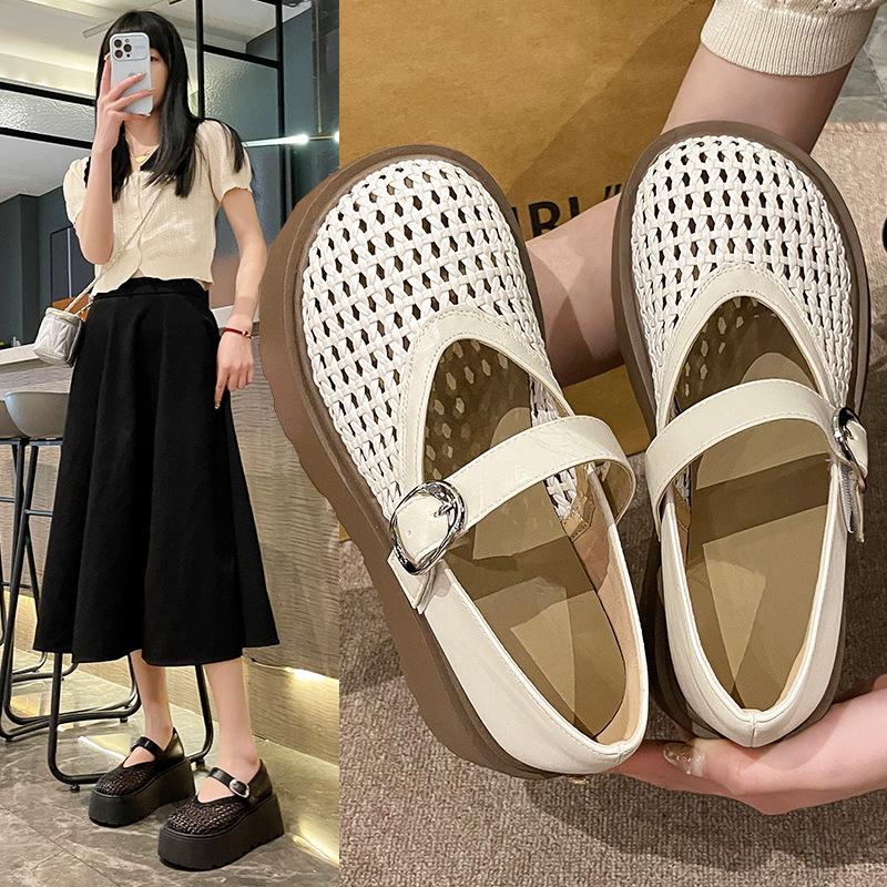 Hollow Woven Through Net Loafers Women's 2025 Spring and Summer New Mary Jane One-word Buckle with Shallow Mouth Thick Sole Women's Single
