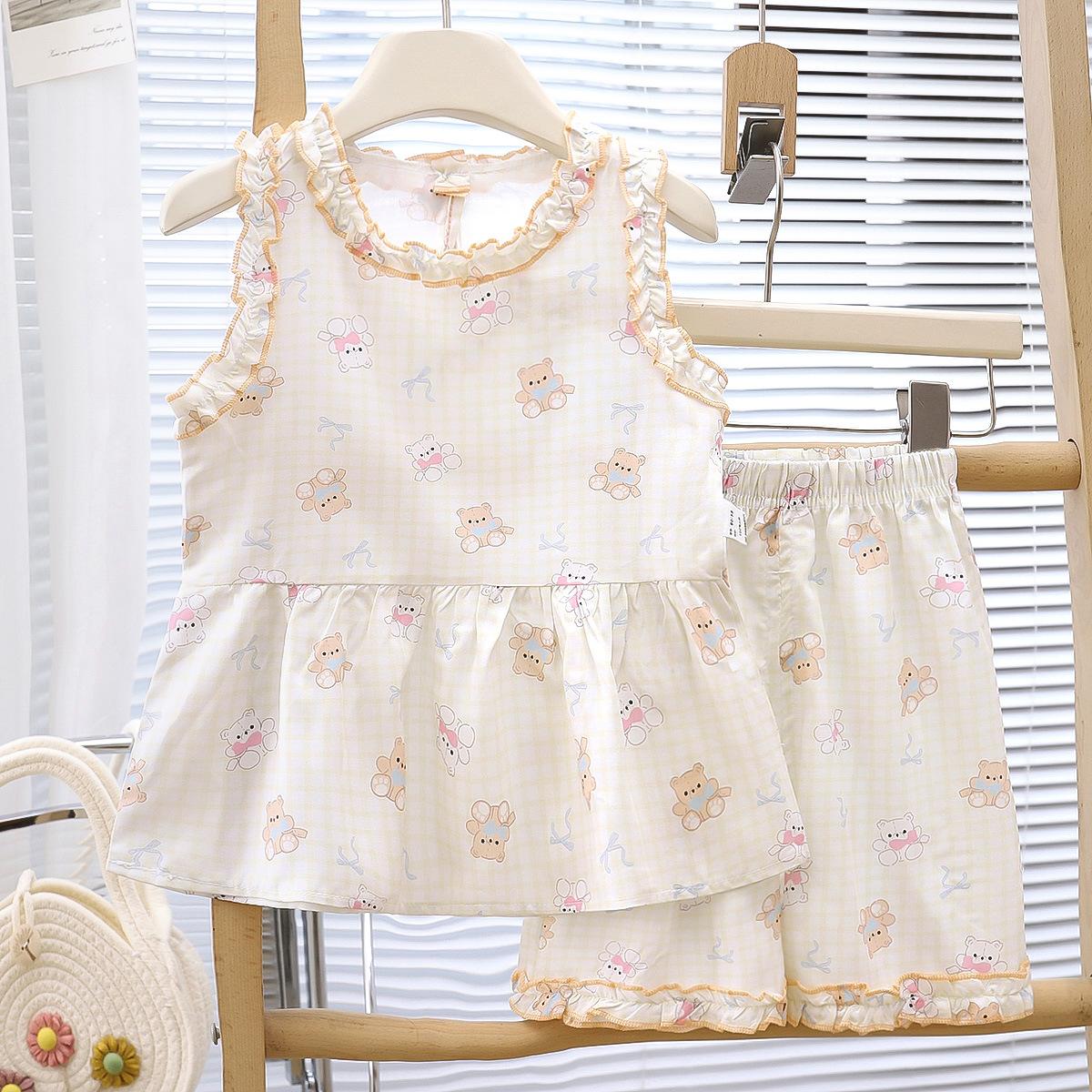 Girls Summer Cotton Silk Vest Dress Set With Lace Capri Pants Thin Baby Breathable Clothing 80cm