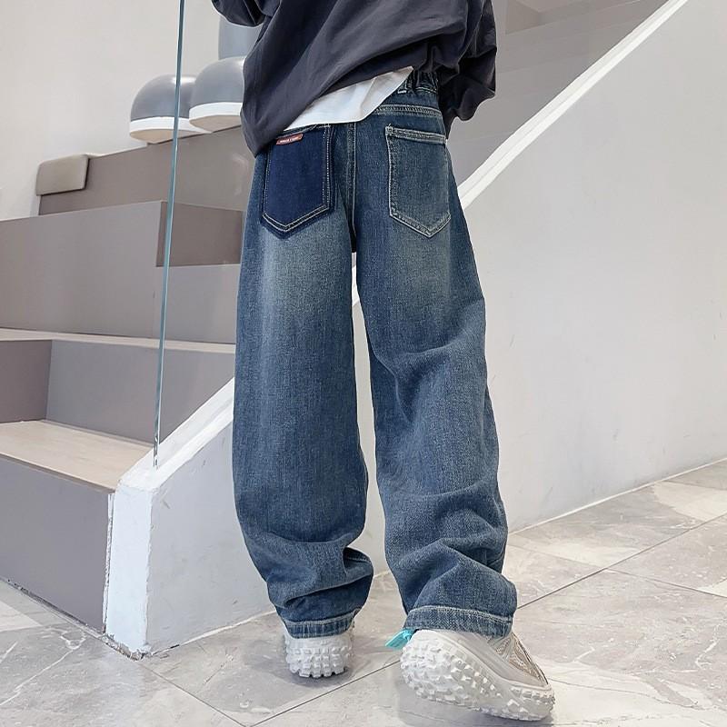 Boys Autumn Denim Pants Solid Elastic Wiast Trousers Children Jeans Loose Wide-leg Pants Teenager Casual Straight Trouser
