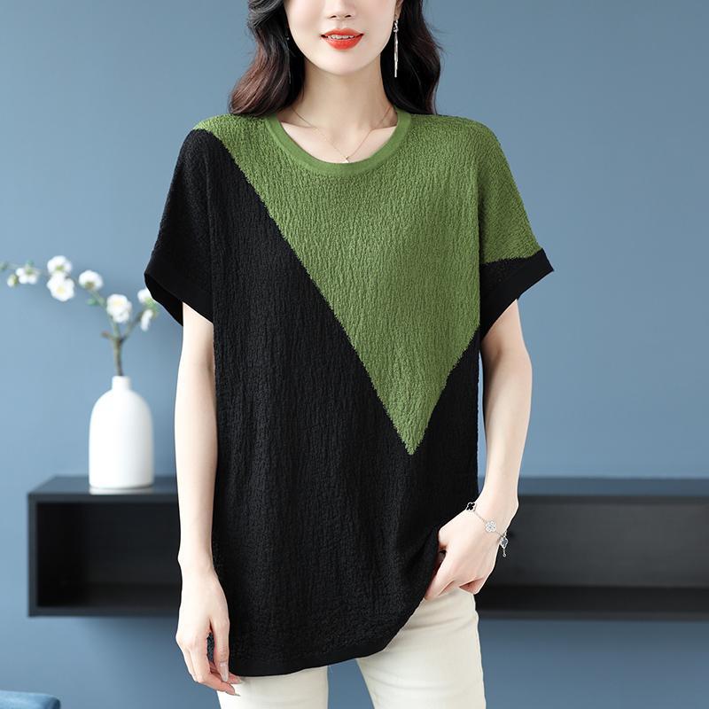 Large Size Loose Color Blocked Ice Silk Medium Long Casual Short Sleeved Knitted Top for Women