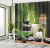 Spa Themed Shower Curtain, Exotic Rocks Candles And Landscape Of Tropical Trees Print On Blurry Back, Cloth Fabric Bat