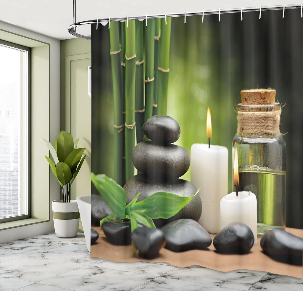 Spa Themed Shower Curtain, Exotic Rocks Candles And Landscape Of Tropical Trees Print On Blurry Back, Cloth Fabric Bat