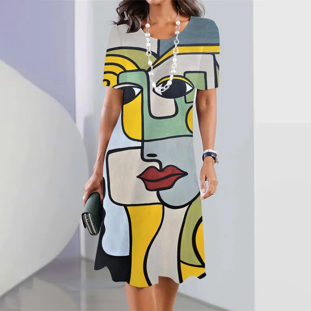 2026 New Summer Fashion Women's Short-sleeved Loose Dress Ladies Holiday Casual Loose Round Neck Dress 3d Facial Printing Clothes