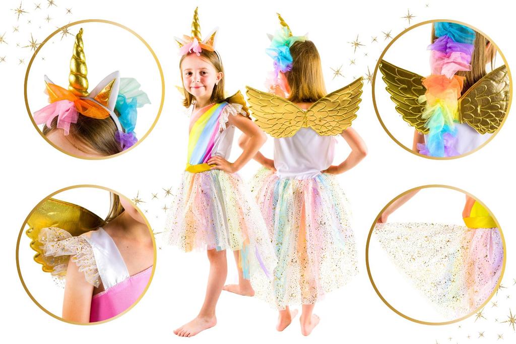 Costume dress set golden unicorn dress headband wings size 120 Golden unicorn costume size 130