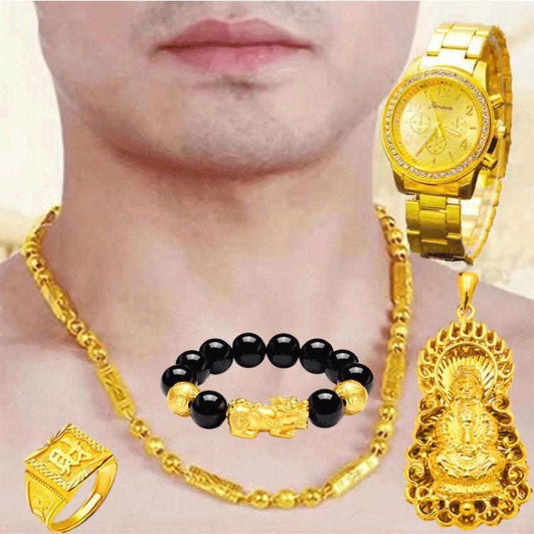 Unique Vietnam-Inspired Gold Necklace & Non-Fading Gold Watch Set for Men