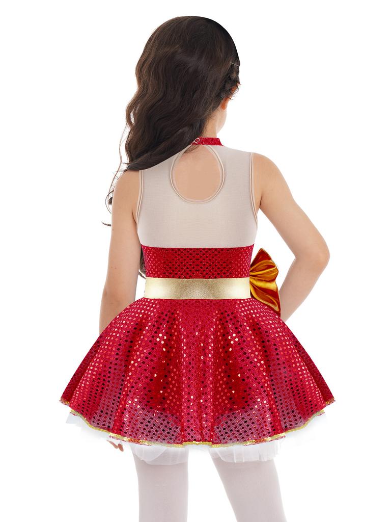 Kids Girls Shiny Sequins Christmas Dance Dress Santa Claus Costumes Ballet Tutu Dress Figure Ice Skating Dress