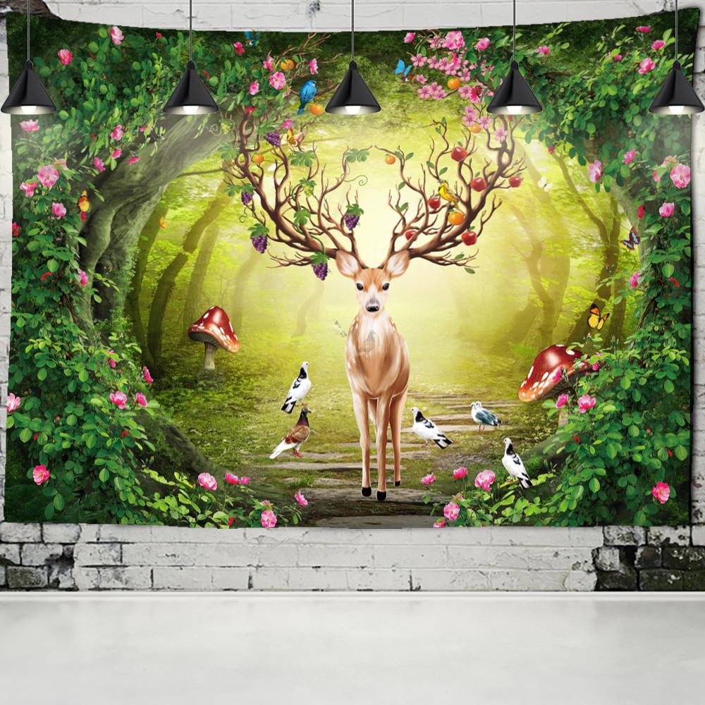 Colorful Cartoon Elk Forest Tapestry Wall Hanging Psychedelic Witchcraft Hippie Nature Scenery Home Decor Background Cloth
