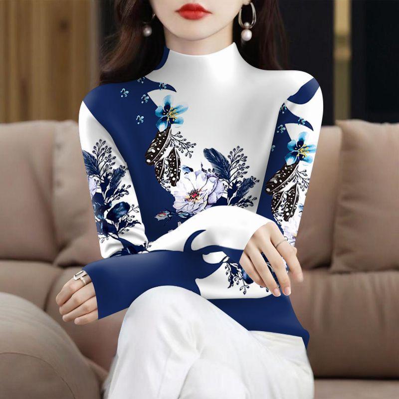 Plus Velvet Thickened Long Sleeve High Collar Printed Top for Middle-aged & Elderly Women – Tummy Covering, Spring/Autumn Fashion