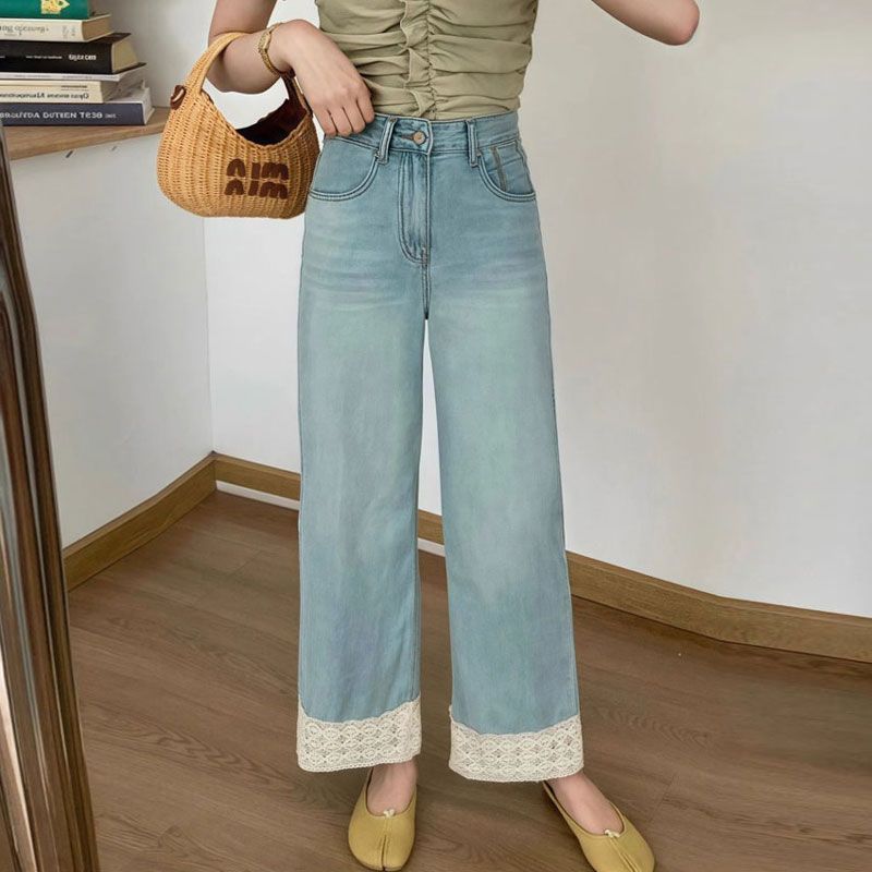 

Девятиминутные джинсы большого размера женские с высокой талией прямые 100 дизайн кружево кружевная вставка широкие брюки ретро мешковатые длинные джинсы для дам 4XL