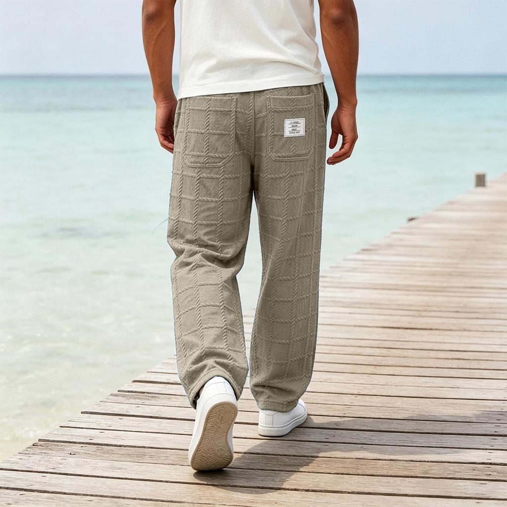 Men's Loose Straight Wide-Leg Casual Pants with Plaid Pattern, Plus Size
