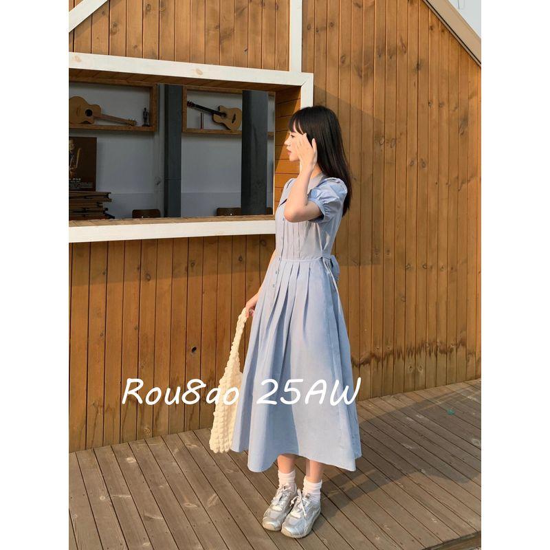 Rou8Ao Plus-Size Women's French-Style Short-Sleeve Dress 2026 Summer Slimming Waist-Cinching Doll Collar Long Dress for Curvy Women