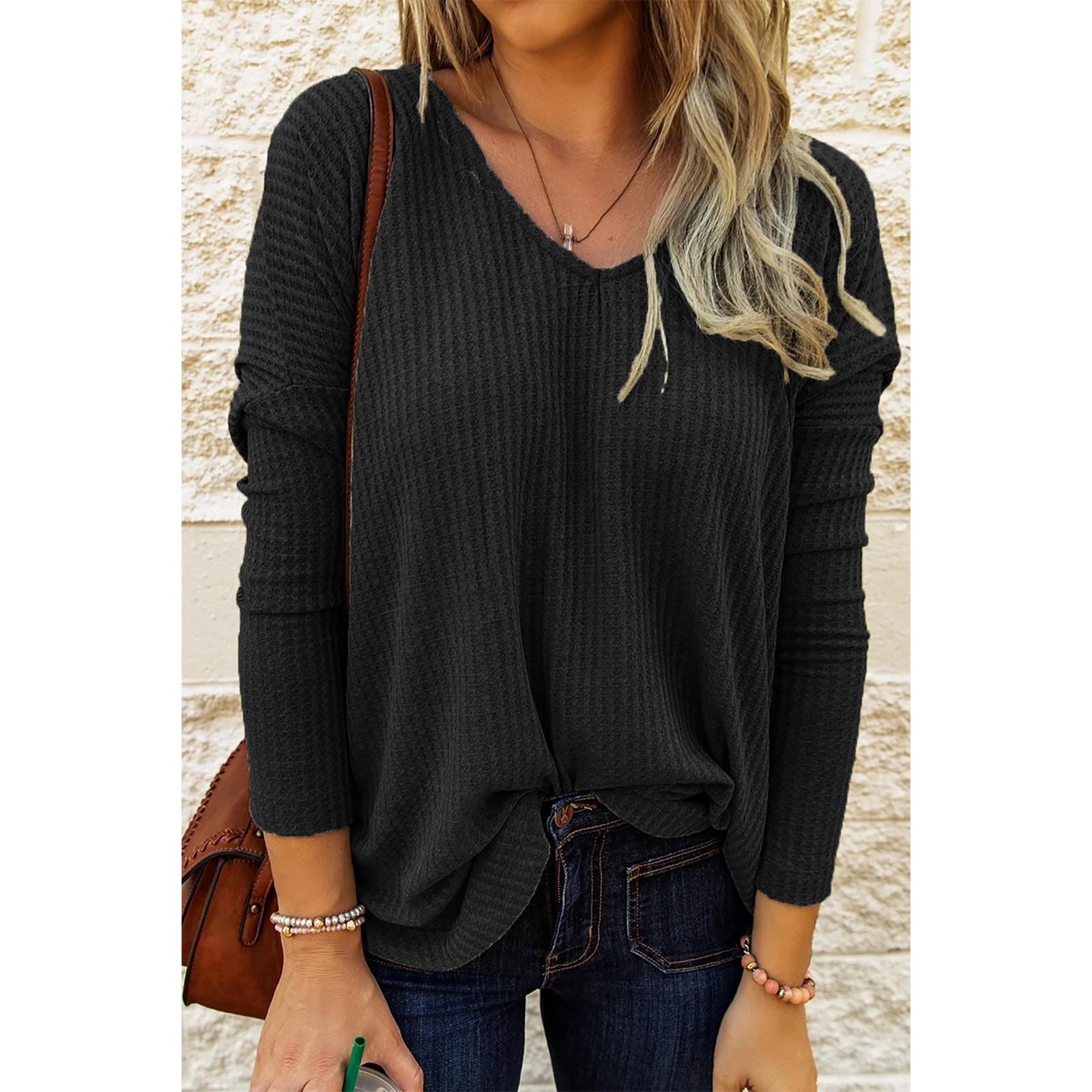 

Women s Casual Color Loose V-neck Long-Sleeved Tops S
