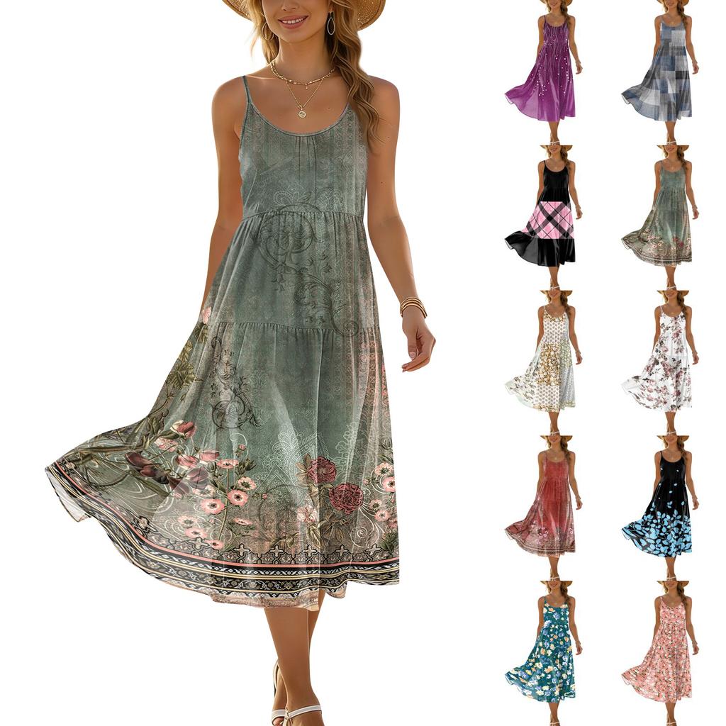 Women’s Summer Floral Print Pocket Adjustable Strap Bohemian Casual Beach Holiday Sundress Loose Fit Sleeveless Dress