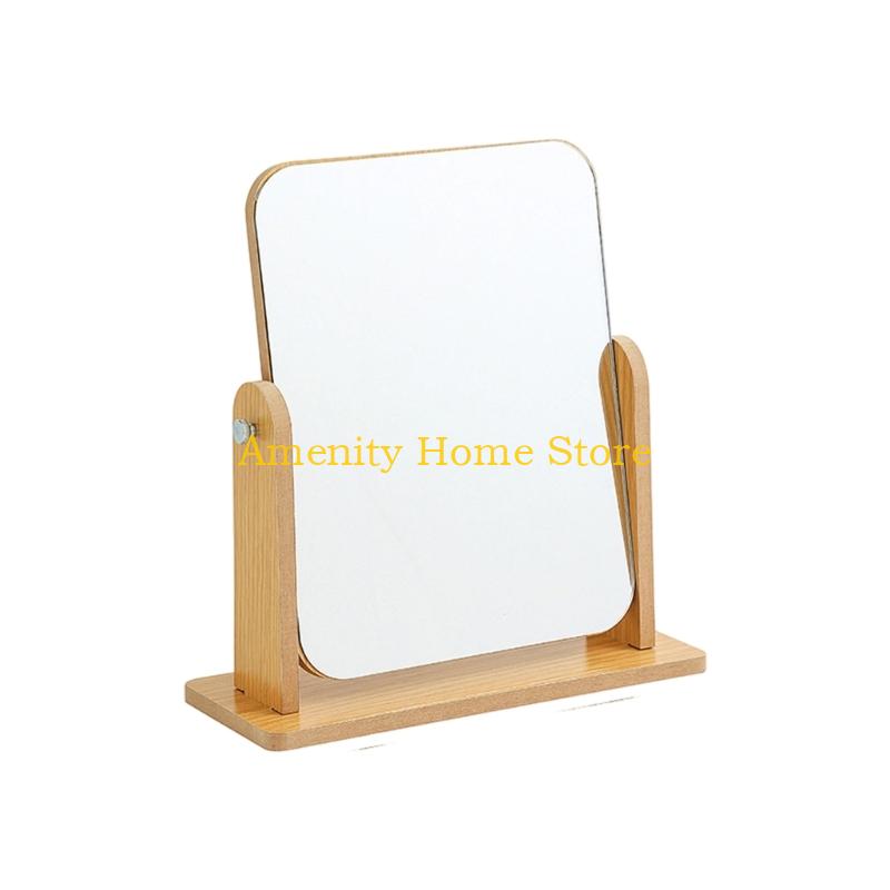 F26C Elegant Desk Makeup Mirror Cosmetic Mirror with Wooden Stand Vanity Mirror Rotatable Makeup Mirror Dormitory Room Decors