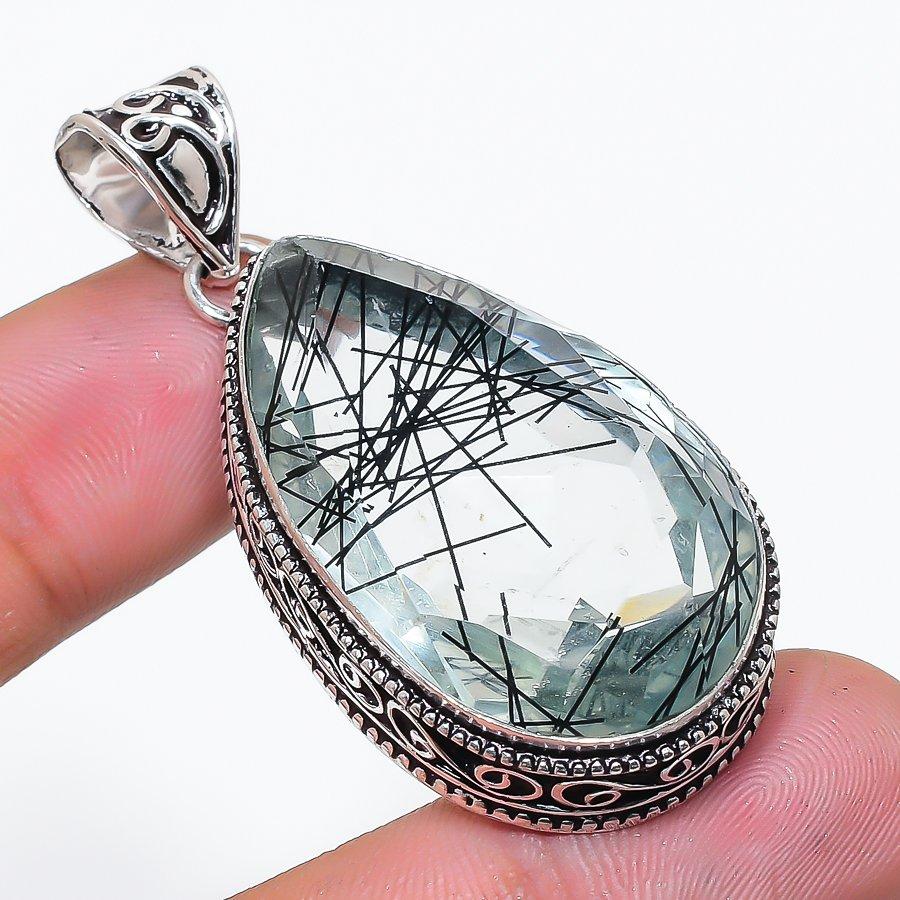 Natural Black Rutile Gemstone 925 Sterling Silver Jewelry Pendant 2.13  AP-14340