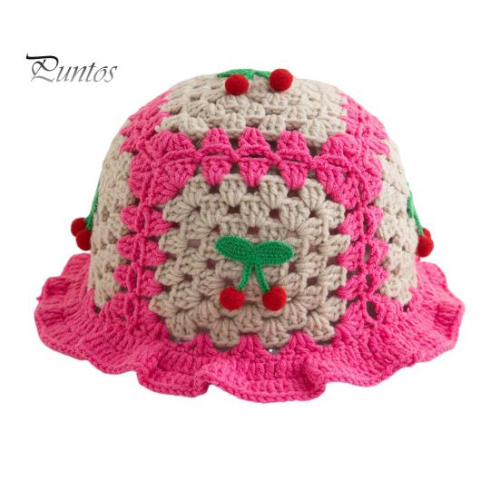 

Мультяшная шерстяная шапка с аппликацией в виде вишневого гриба, вязаная шапка, полая, конфетного цвета, детский головной убор, панама, детская шляпа для фотосъемки, вязаная крючком, вечеринки по случаю дня рождения Cherry