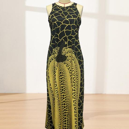 Vestido Maxi de Verano para Mujer, Vestido Largo Estampado sin Mangas de Cuello Redondo, Atuendos Casuales Fluidos para Vacaciones con Bolsillos