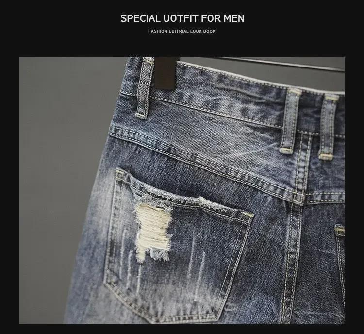 Pánské retro džínové šortky s trháním v japonském stylu: Letní trend, Rovný střih, Ležérní móda, Střední délka.