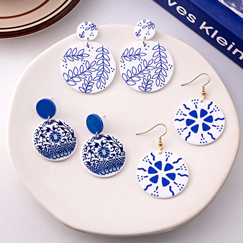 Vintage Blaue Und Weiße Porzellanohrringe Chinesischer Stil Wellenpunkt Elegante Geometrische Ohrringe Damen Ohrschmuck