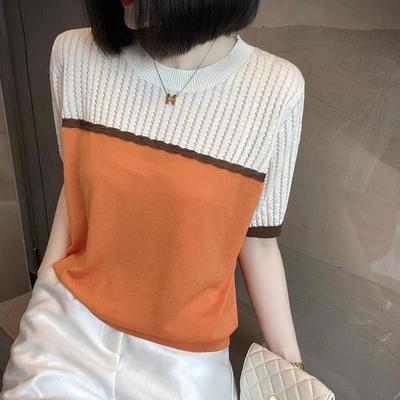 Hollow Out Jacquard Pullover Short Sleeved Knitted Sweater for Women's Summer Wear, with a Sense of Age Reduction Design, Round Neck Thin Top, Trendy