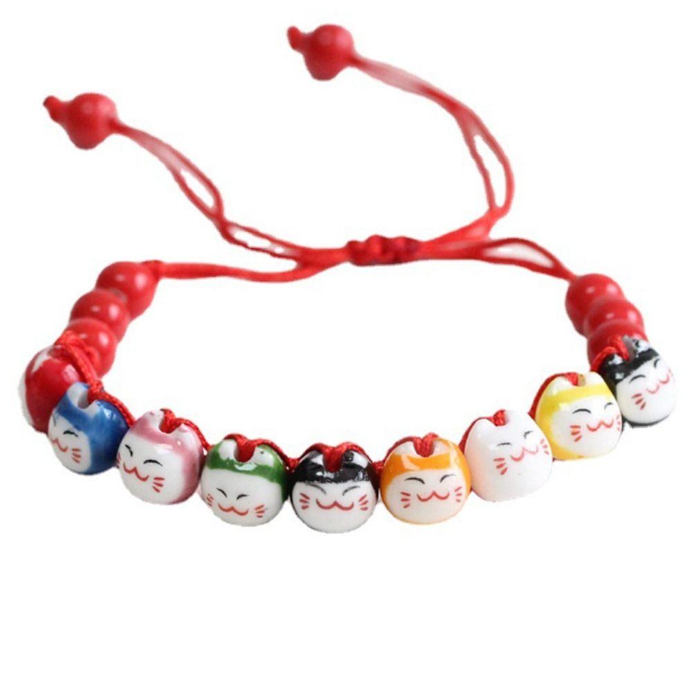 Handmade Cat Bead Bracelet Chinese Style Red String Hand Rope Ceramic Maneki Neko Bracelet Girls