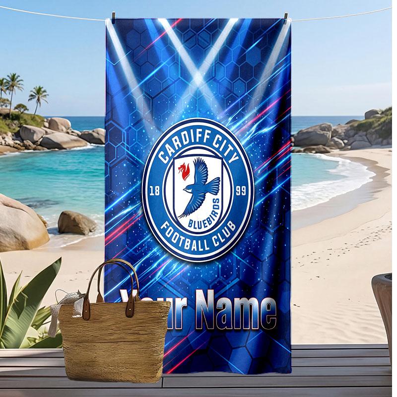 Cardiff City Personalized Printed Beach Towel Soccer Logo Support Custom Name Text Absorbent Towel For Sport Travel Special Gift