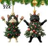 Christmas Tree Pendant 2Pcs Cat Acrylic Ornament, 2D Flat Kitty Hanging with Creative Crafts Santa Hat Decor, Car Rearview Mirror Charm, Festive Home