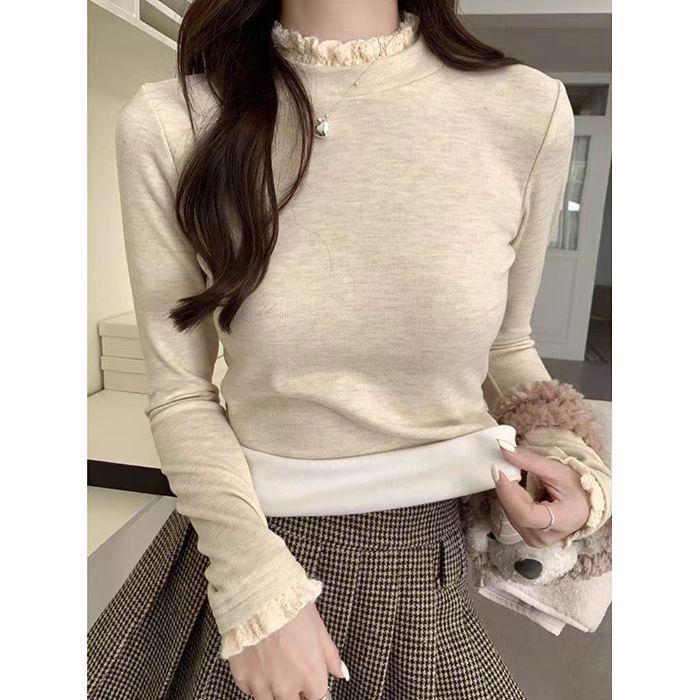 270g Lambswool Lace High-Collar Long-Sleeve T-Shirt for Women's Autumn/Winter
