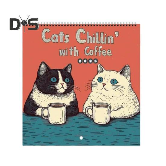 1/2Pcs 2025 Wall Calendar Cats Chillin' with Coffee Wall Calendar 12 Monthly Coffee Cats Calendar Family Office Organizer for Cat Lover Gift